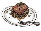 traditional Greek summer food, eggplant, potato, bechamel sauce, minced meat