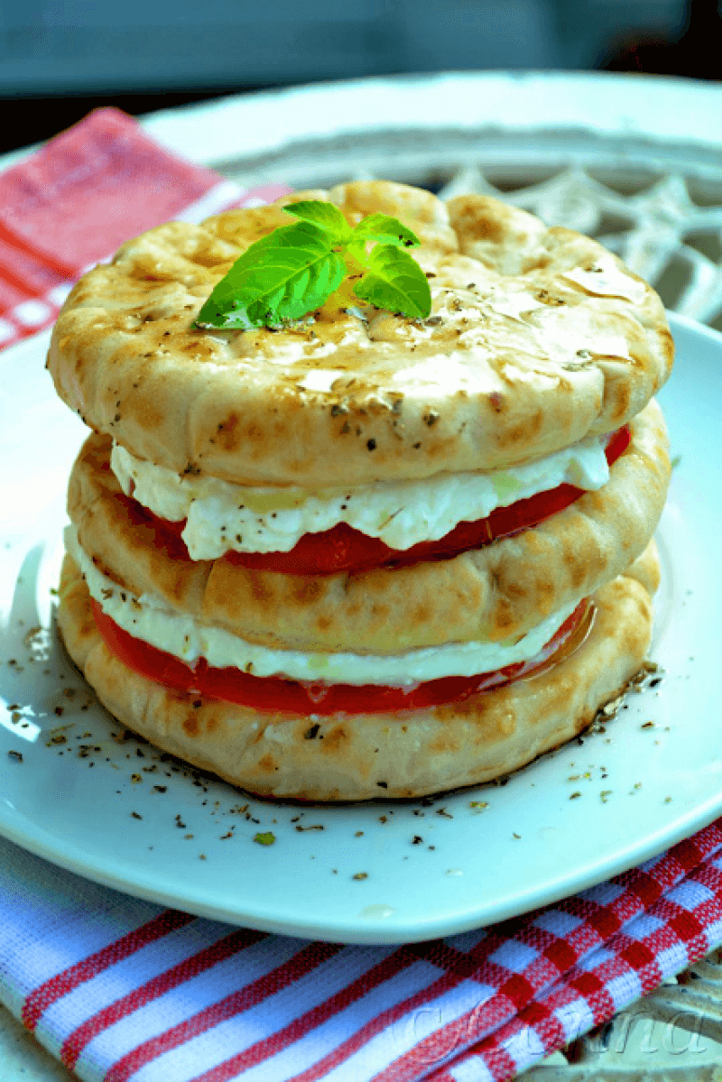 Tomato mille-feuille with Mozzarella cheese & Arabic bread