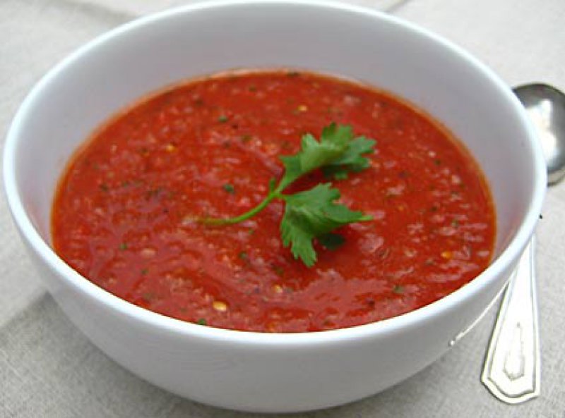 Gazpacho with Roast Cherry Tomatoes, Coriander and Xinomitzithra