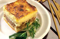 Greek pasta with minced meat and bechamel sauce in the oven