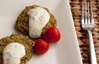 greek fava beans patties, tahini sauce, yogurt sauce