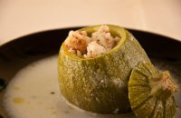 Stuffed zucchini with shrimps and egg/lemon sauce