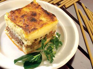 Greek pasta with minced meat and bechamel sauce in the oven