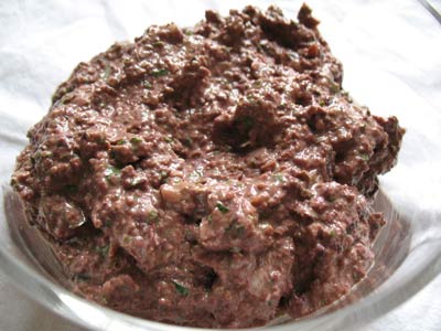 Olive tapenade with prosciutto and mascarpone
