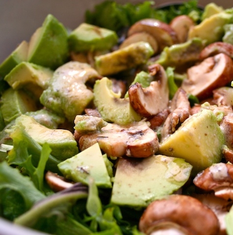 Spring Salad with Lettuce, Avocado and Fresh Mushrooms
