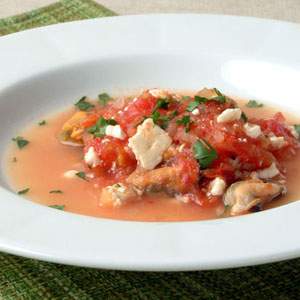 Mussels Simmered with Tomatoes and Feta (Salonika Mydia Saganaki)